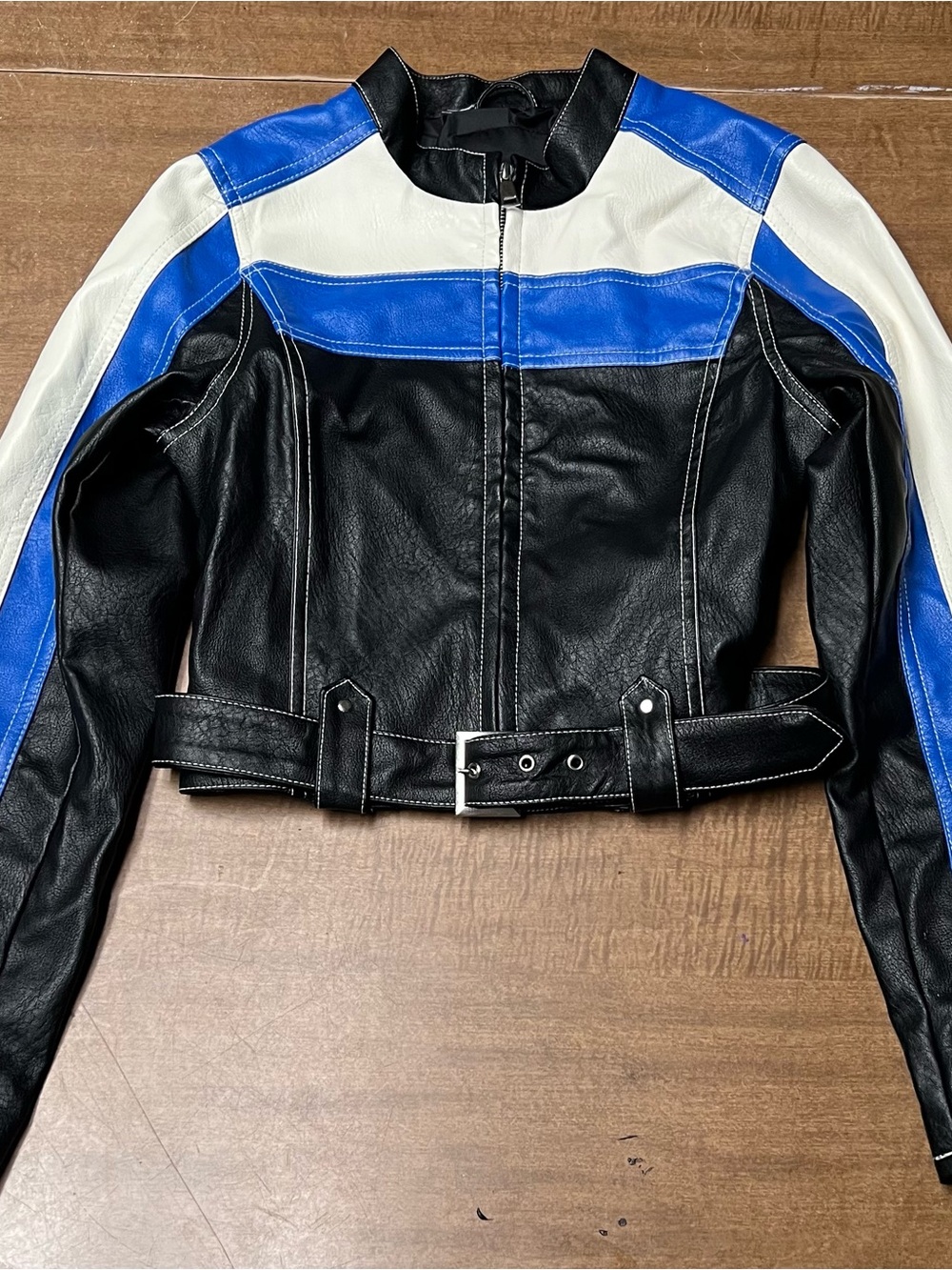 Urban Outfitters Black, Blue & White Faux Leather Biker Jacket